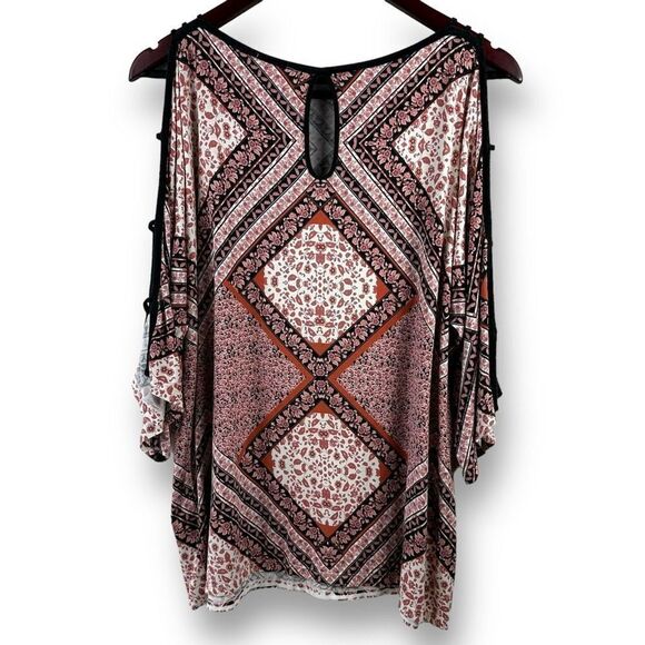 Rose + Olive Womens Size L Long Cutout Sleeve Tunic Orange Rust Bohemian Mandala - Picture 2 of 10